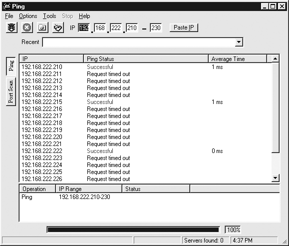 Данные, полученные путем массового ping-запроса (скриншот программы Grims Ping для Windows 2000)