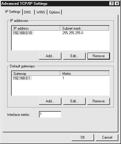 Диалоговое окно Advanced TCP/IP Settings предназначено для настройки дополнительных параметров конфигурации