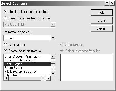 В диалоговом окне Select Counters (Добавить счетчики) определяются параметры счетчика