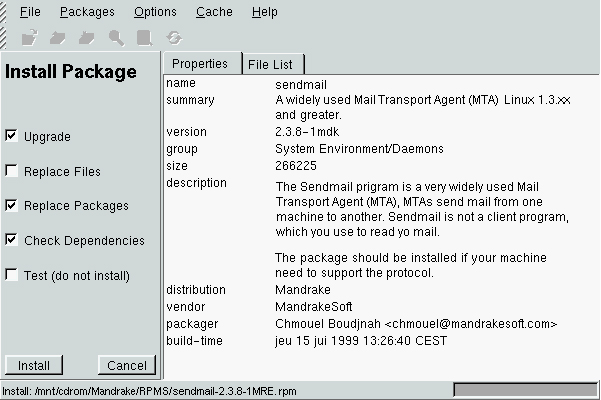 Окно утилиты kpackage c файлом sendmail-8.9.3-9mdk.i586.rpm