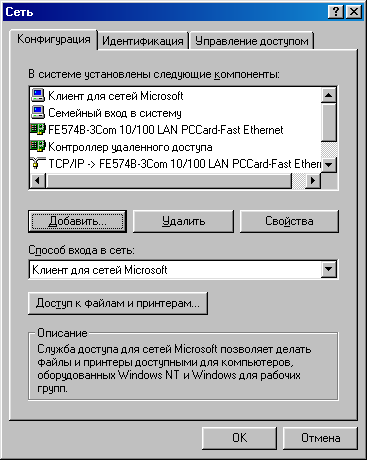 Окно меню Сеть в ОС Windows 95/98