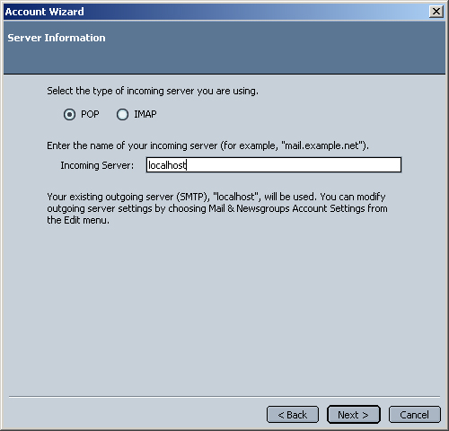 Окно Свойства почтового сервера программы Netscape Messenger