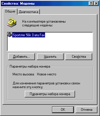 Окно Модемы в ОС Windows 95 и Windows 98