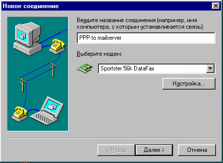 Окно Новое соединение в ОС Windows 95 и 98
