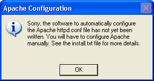 Сообщение о невозможности автоматически настроить Apache для работы с PHP