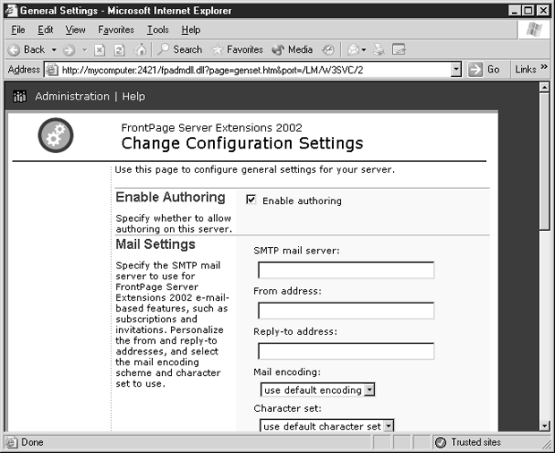 Страница Change Configuration Settings (Изменение параметров конфигурации) сайта FrontPage Server Administration (Администрирование сервера FrontPage)