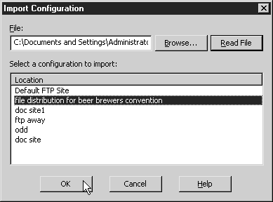 Окно Import Configuration (Импортировать конфигурацию) с выделенным FTP-сайтом