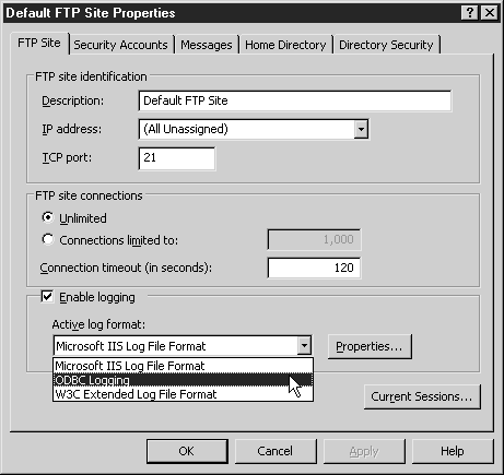 Вкладка FTP Site (FTP-узел) окна свойств FTP-сайта