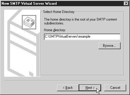 Окно выбора домашнего каталога мастера создания виртуальных SMTP-серверов