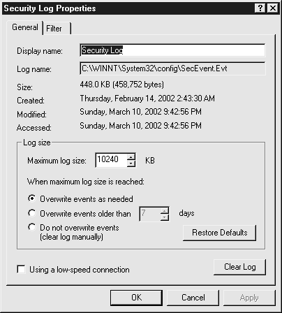 Настройка свойств журнала безопасности в окне Security Log (Журнал безопасности)