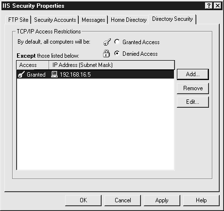 Данный FTP-сайт разрешит доступ только компьютеру с IP-адресом 192.168.16.5