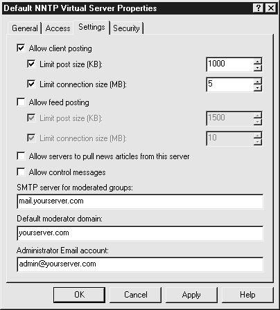 Во вкладке Settings (Параметры) определяется способ публикации статьи на NNTP-сервере