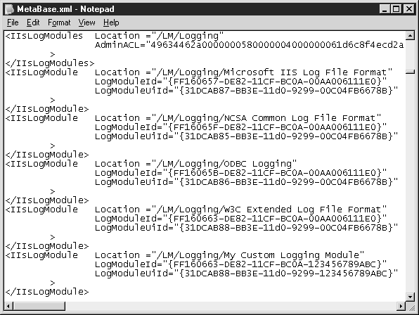 Область IISLogModule файла метабазы