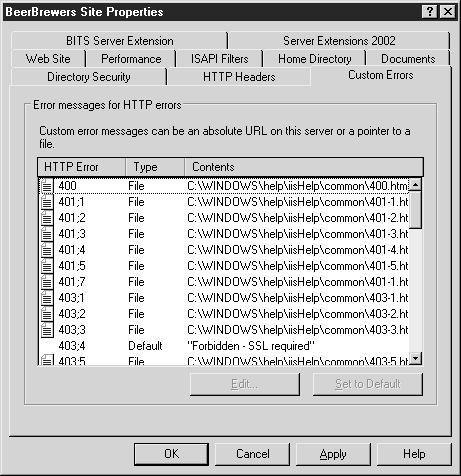 Вкладка Custom Errors (Особые ошибки)