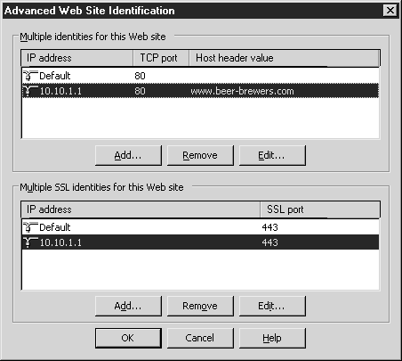 Диалоговое окно Advanced Web Site Identification (Дополнительная идентификация веб-узла)