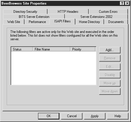 Вкладка ISAPI Filters (Фильтры ISAPI)