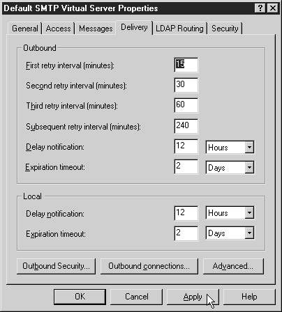 Вкладка Delivery (Доставка) окна свойств виртуального сервера SMTP