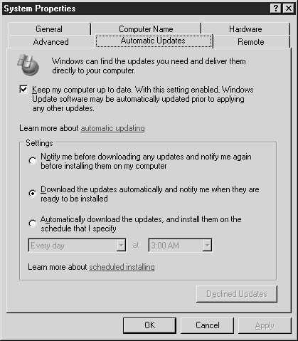 Настройка функции Automatic Updates (Автоматическое обновление) в окне System Properties (Свойства системы)