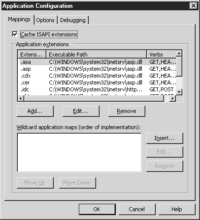 Вкладка Mappings (Связи), отображающая расширения приложений ISAPI