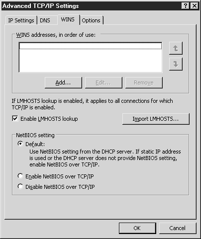 Вкладка WINS диалогового окна Advanced TCP/IP Settings (Дополнительные параметры TCP/IP)